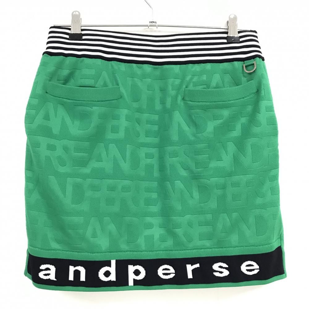 アンパスィ スカート グリーン×白×黒 英字総柄 ウエストボーダー＆ゴム レディース L ゴルフウェア モデル and per se