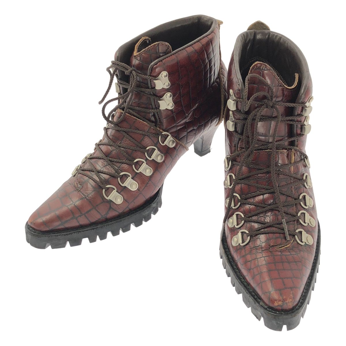 JUNYA WATANABE COMME des GARCONS ジュンヤワタナベ レザー クロコ型押し レースアップ ショートブーツ ブーティ M ブラウン レディース