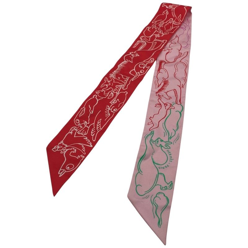 エルメス HERMES ツイリー MILLE UN LAPINS レッド シルク レディース