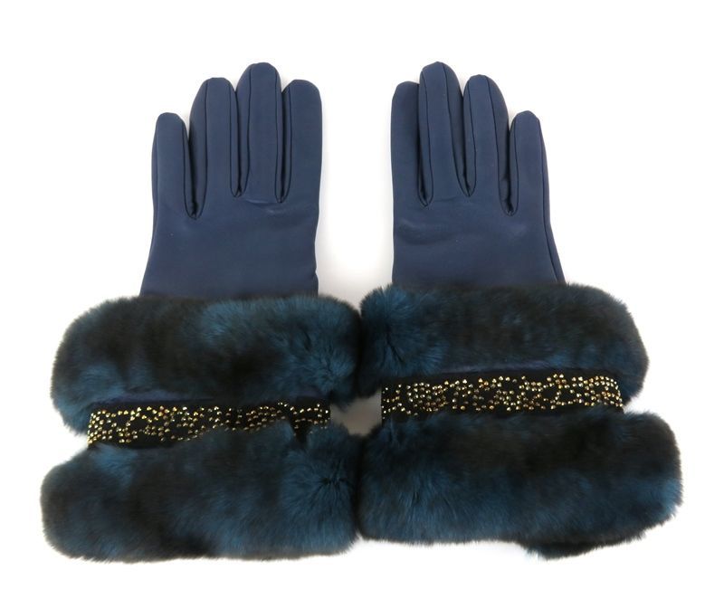 CAUSSE コース ナッパグローブ 羊革手袋 ラビットファー シルクライニング サイズ6 5 19 cm ネイビー フランス製 外 き rk 9517