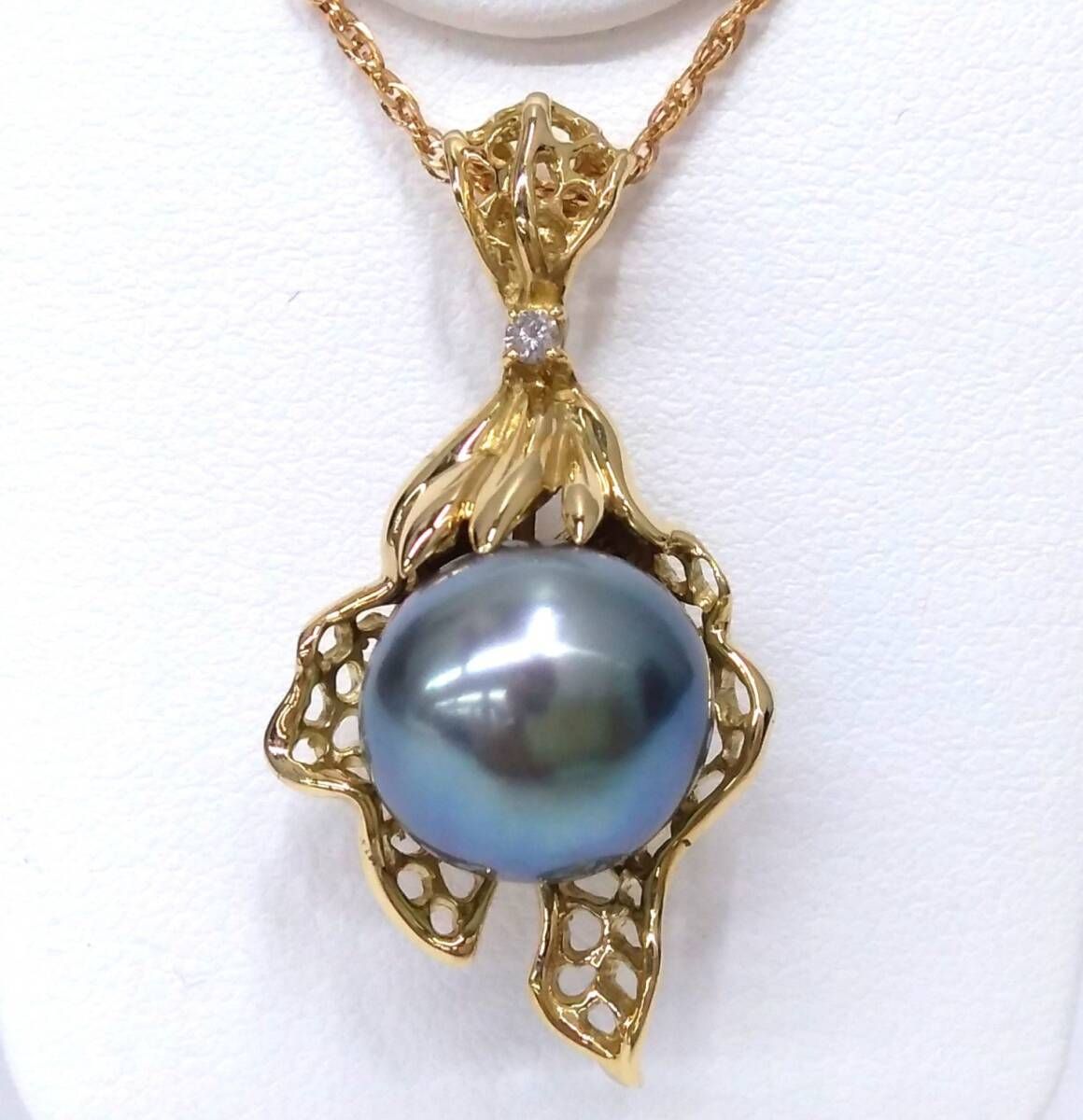 ソーティング付】 K18 黒蝶真珠 天然ダイヤモンド 0.04ct ペンダント