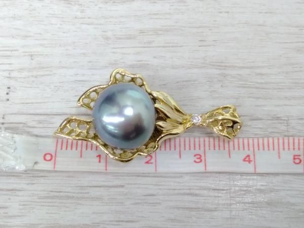 ソーティング付】 K18 黒蝶真珠 天然ダイヤモンド 0.04ct ペンダント