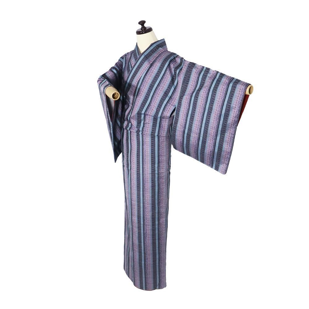 大島紬 袷 正絹 黒 緑 紫 唐草 幾何文様 縦縞 Mサイズ ki31391 未使用