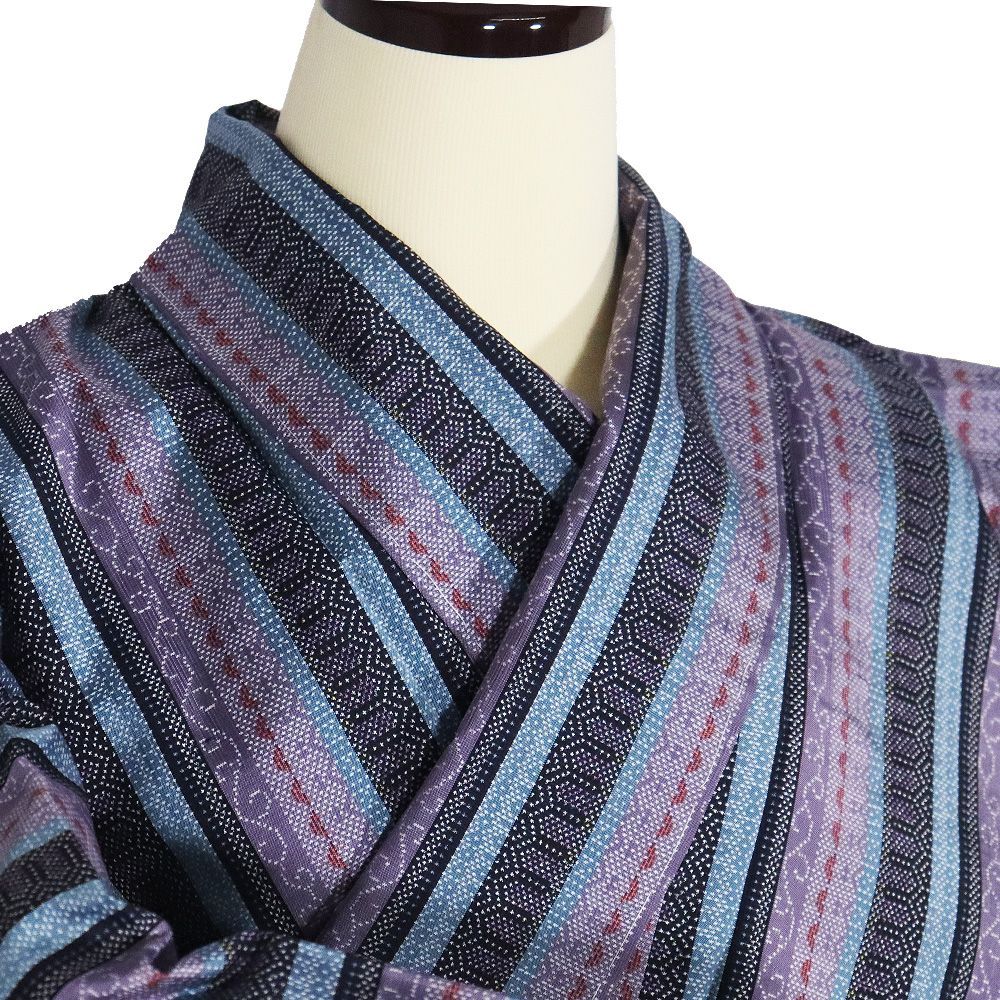 大島紬 袷 正絹 黒 緑 紫 唐草 幾何文様 縦縞 Mサイズ ki31391 未使用