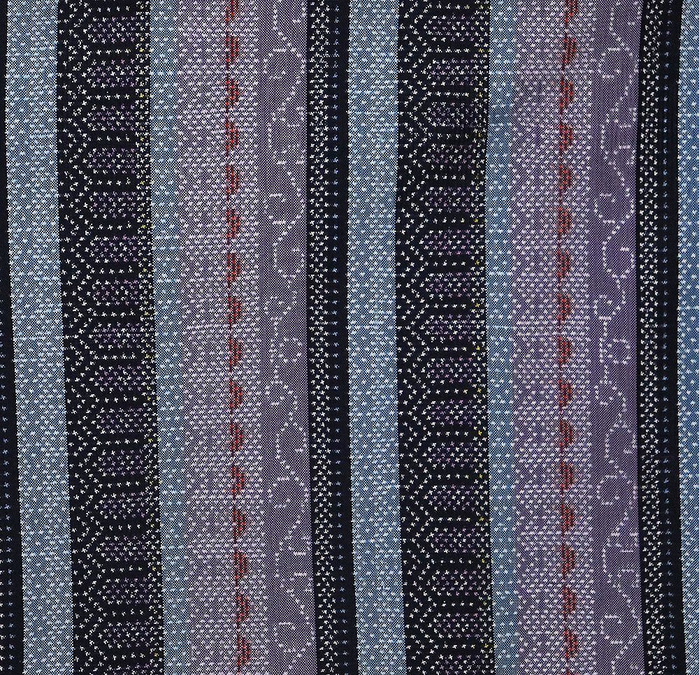 大島紬 袷 正絹 黒 緑 紫 唐草 幾何文様 縦縞 Mサイズ ki31391 未使用