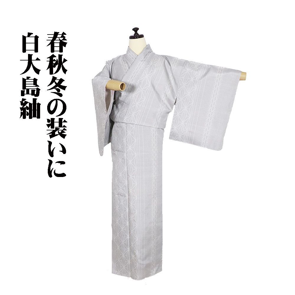 白大島紬 袷 正絹 ライトグレー 麻の葉 蚊絣 縦縞 Sサイズ ki31392 未