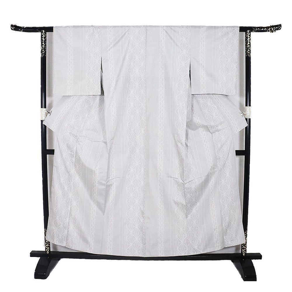  白大島紬 袷 正絹 ライトグレー 麻の葉 蚊絣 縦縞 Sサイズ ki 31392 レディース シルク ギフト カジュアル み 紬 着物