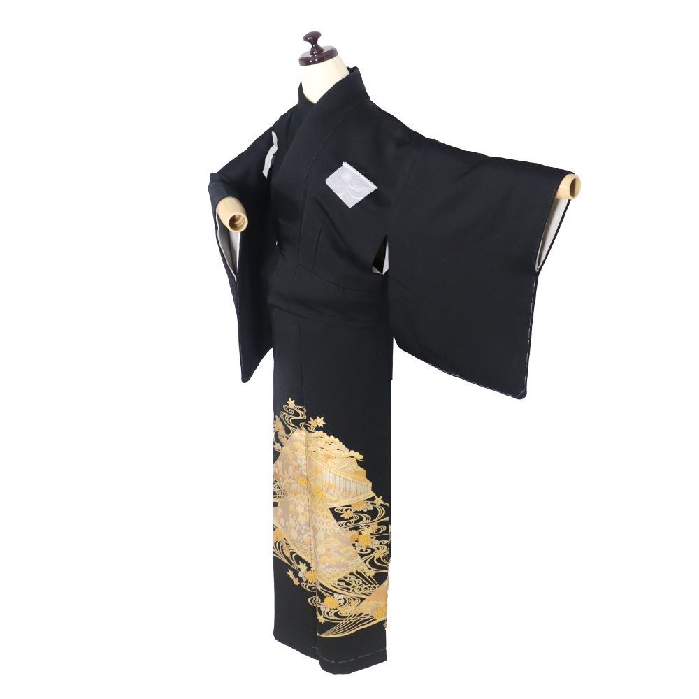 和田光正氏作 黒留袖 正絹 金箔 檜扇 松竹梅 Sサイズ 比翼仕立て