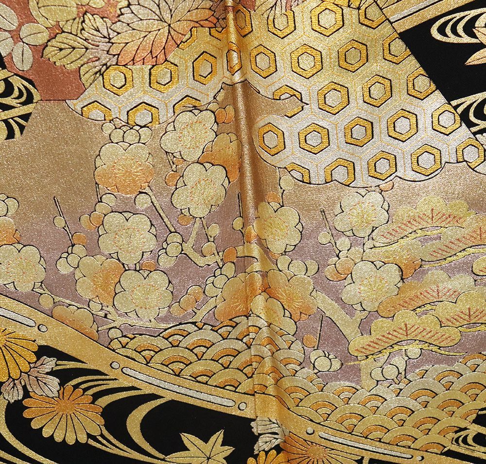 和田光正氏作 黒留袖 正絹 金箔 檜扇 松竹梅 Sサイズ 比翼仕立て