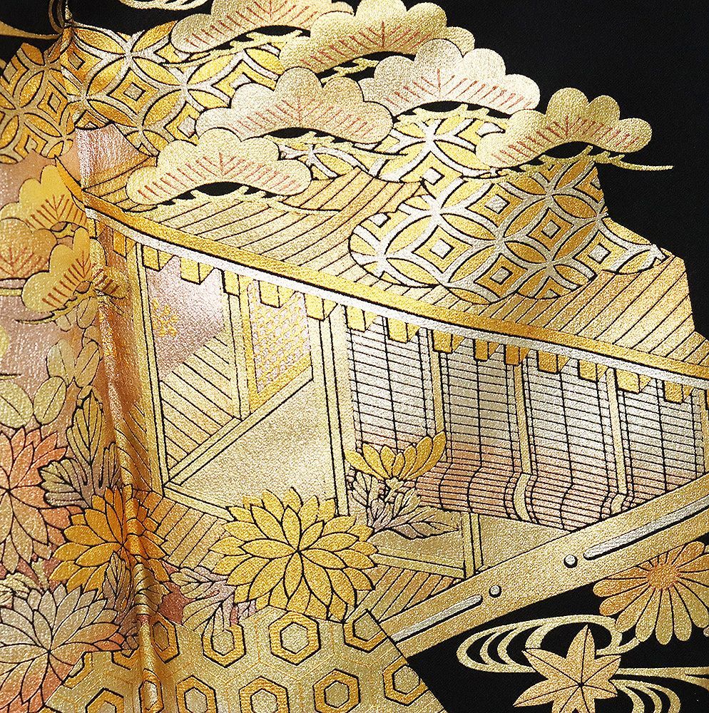 和田光正氏作 黒留袖 正絹 金箔 檜扇 松竹梅 Sサイズ 比翼仕立て