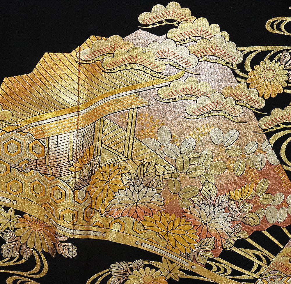 和田光正氏作 黒留袖 正絹 金箔 檜扇 松竹梅 Sサイズ 比翼仕立て