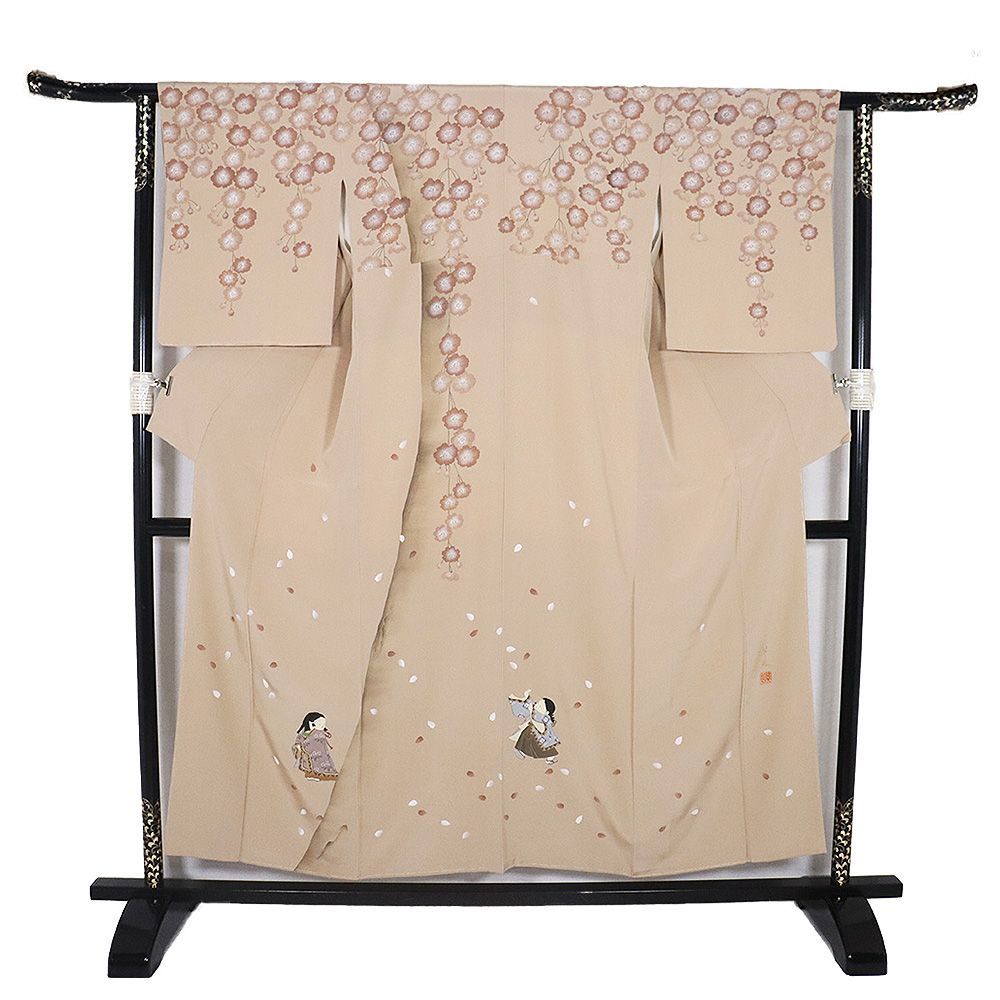 高橋翠延氏　真作 日本画絵師 高橋翠延氏作 訪問着 袷 正絹 オーク色 童 枝垂れ桜 S