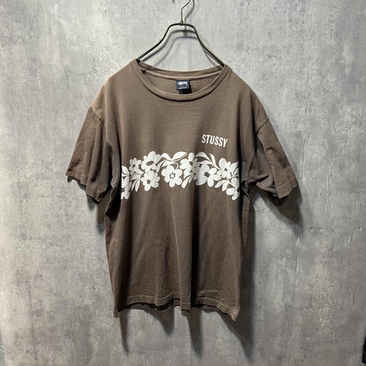 90s OLD STUSSY USA製 花柄Tシャツ サイズL カーキ オールド