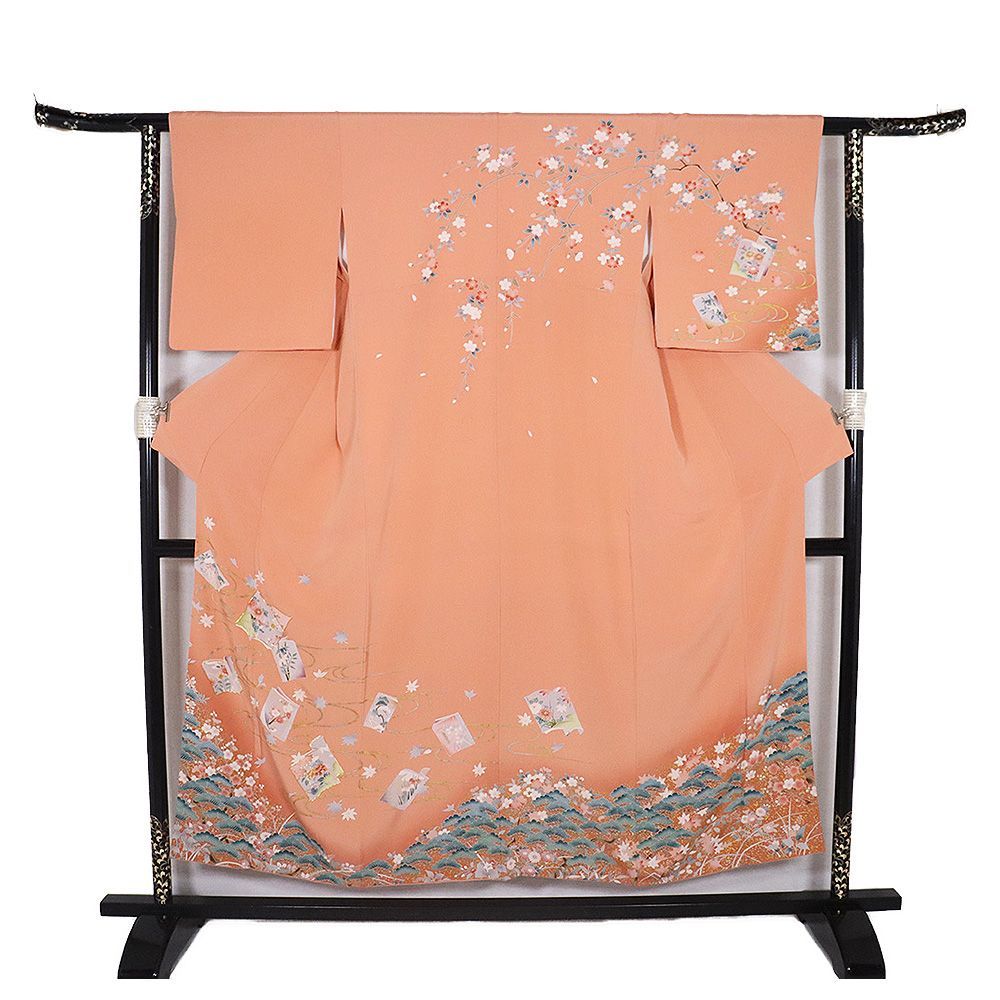 訪問着 袷 正絹 ピンク 赤紫 金箔 暈し 絵本 桜 菊 松竹梅 金駒刺 S