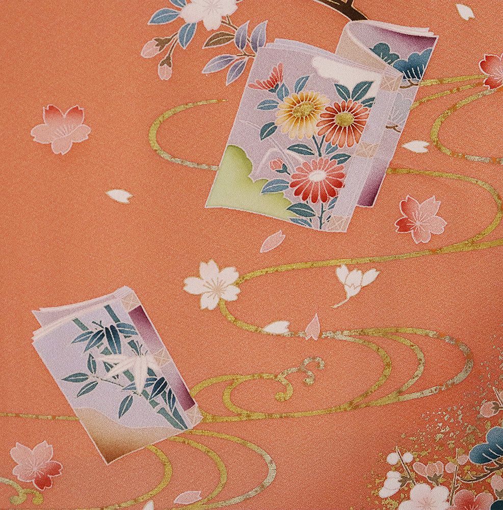 訪問着 袷 正絹 ピンク 赤紫 金箔 暈し 絵本 桜 菊 松竹梅 金駒刺 S