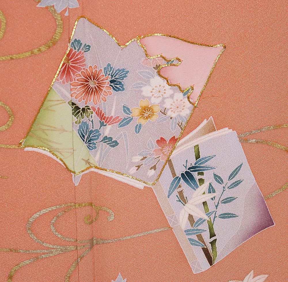 訪問着 袷 正絹 ピンク 赤紫 金箔 暈し 絵本 桜 菊 松竹梅 金駒刺 S