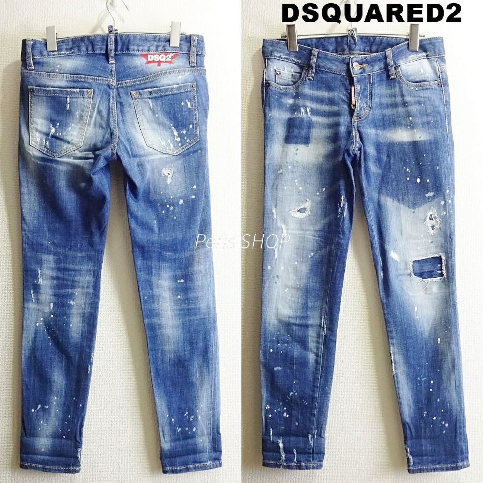 スプラッタースキニーデニム W 78 cm ストレッチ 藍青 レディース イタリア製 ディースクエアード