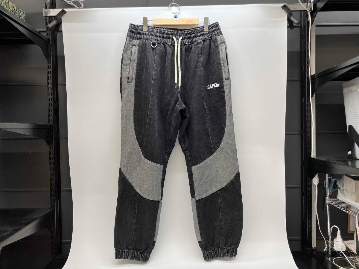 通年 SAPEur サプ ル デニムトラックパンツ デニムジョガ パンツ L ブラック コットン