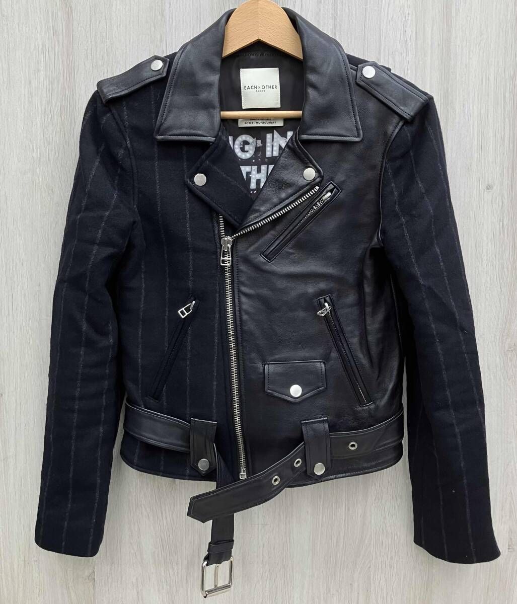 【中古】イーチアザー EACH×OTHER ライダースジャケット ダブル 裏地総柄 ラムレザー 羊革 バイカラー XS ボーダー EACH OTHER イーチアザー ダブルライダースジャケット バイカラー