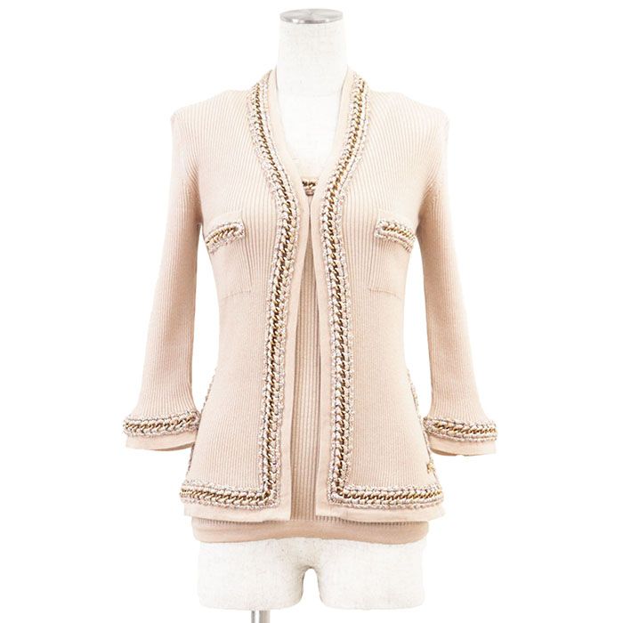 CHANEL シャネル アンサンブル ニット ツイード＆ゴールドチェーン P 38537 38540 2010年製 カシミヤ コットン シルク リブ メタリック チャーム カーディガン タンクトップ ドレス レディース 36 ピンクベージュ 伊製