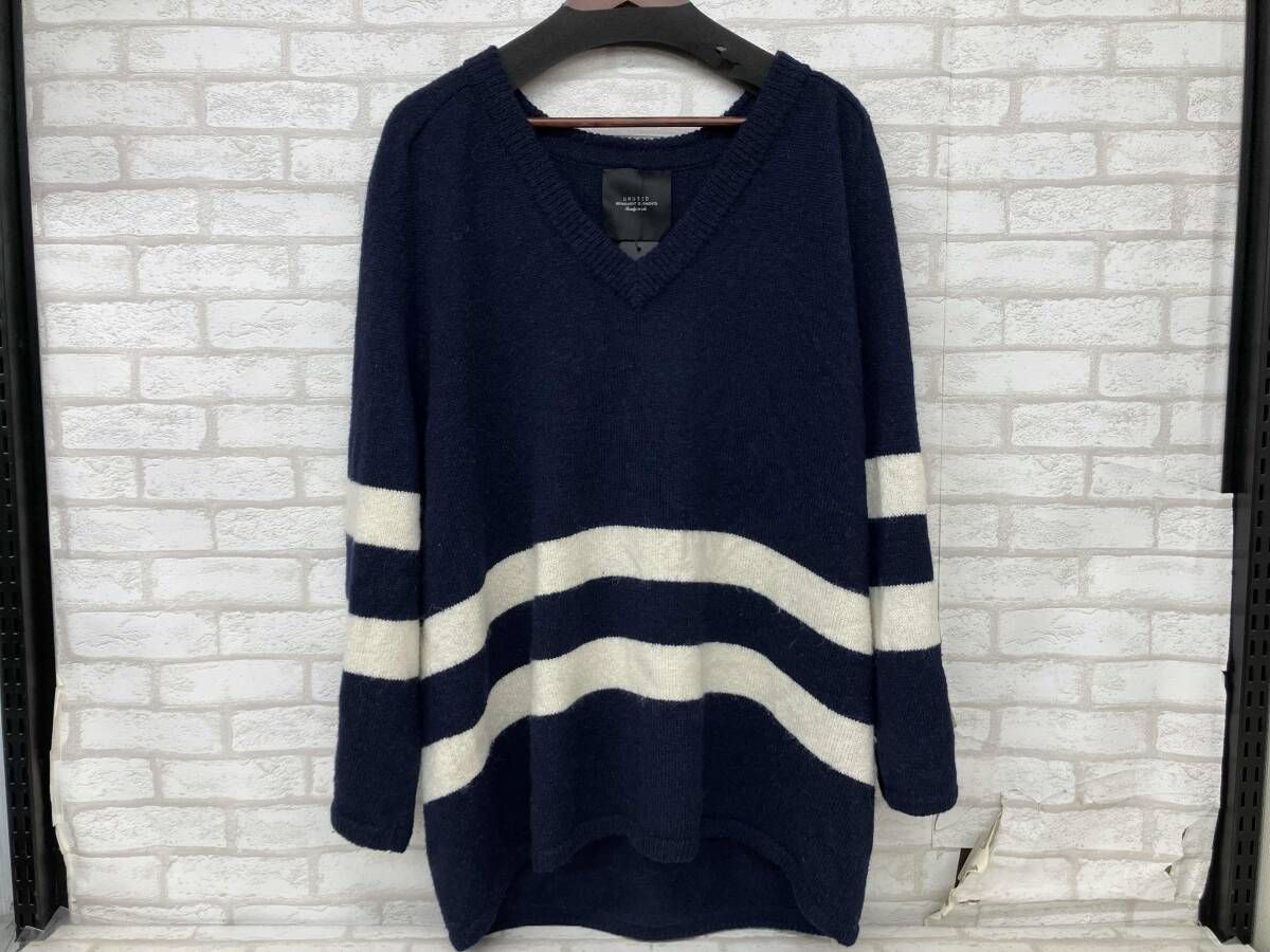 UN アンユーズド Vネック ニット ネイビー ホワイト ボーダー ウール アルパカ メンズ サイズ3