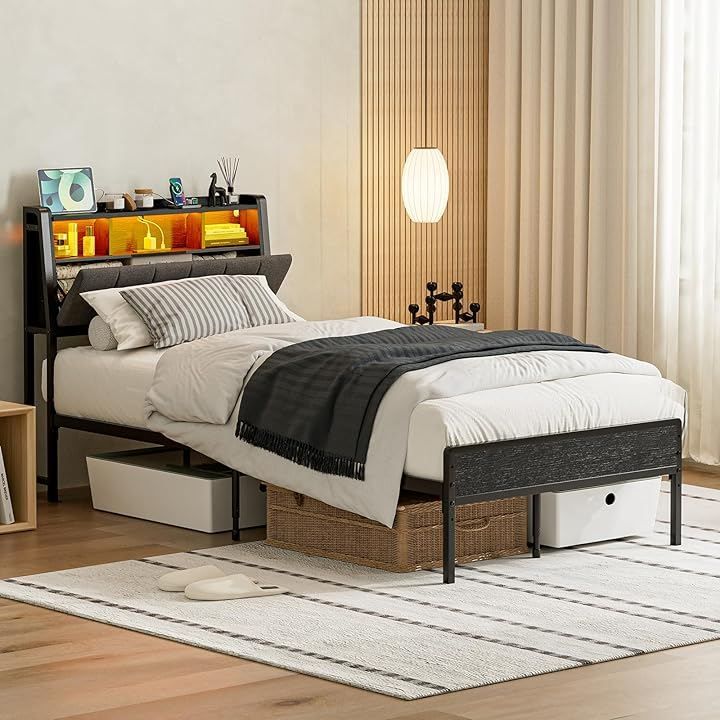 IKIFLY ベッドフレーム ファブリックベッド収納宮棚付き パイプベッド シングルベッド スチールベッド 2段階高さ調整 布張り 静音 通気性 頑丈 カビ防止 安定性 耐久性 ブラック シングル