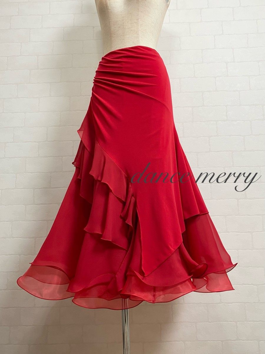 MERRY】新品 豪華 社交ダンス 赤 スカート パーティ タンゴ ワルツ