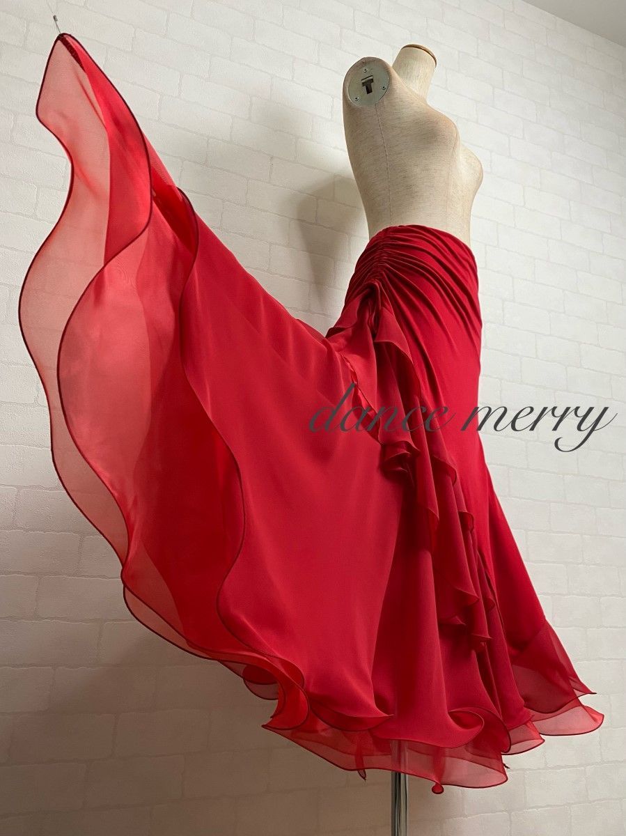 MERRY】新品 豪華 社交ダンス 赤 スカート パーティ タンゴ ワルツ