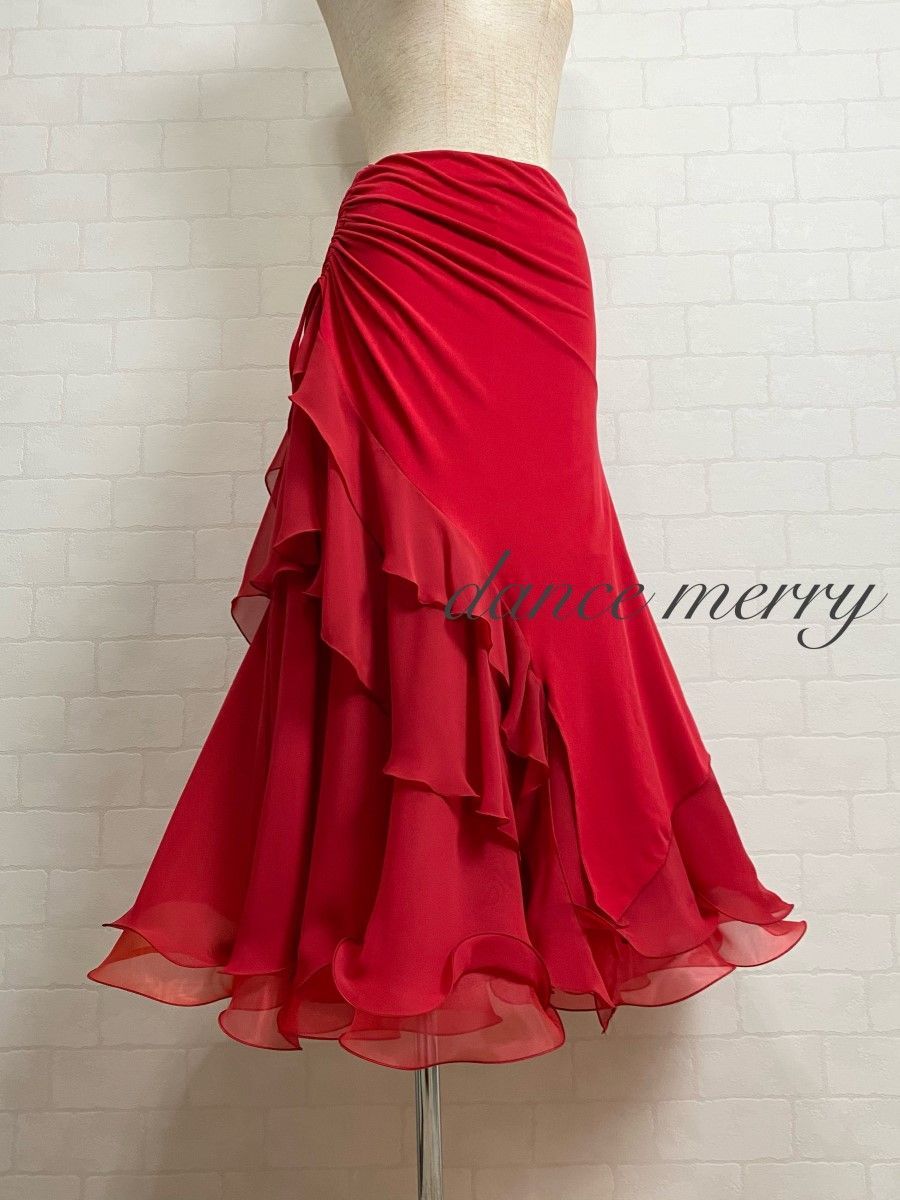MERRY】新品 豪華 社交ダンス 赤 スカート パーティ タンゴ ワルツ