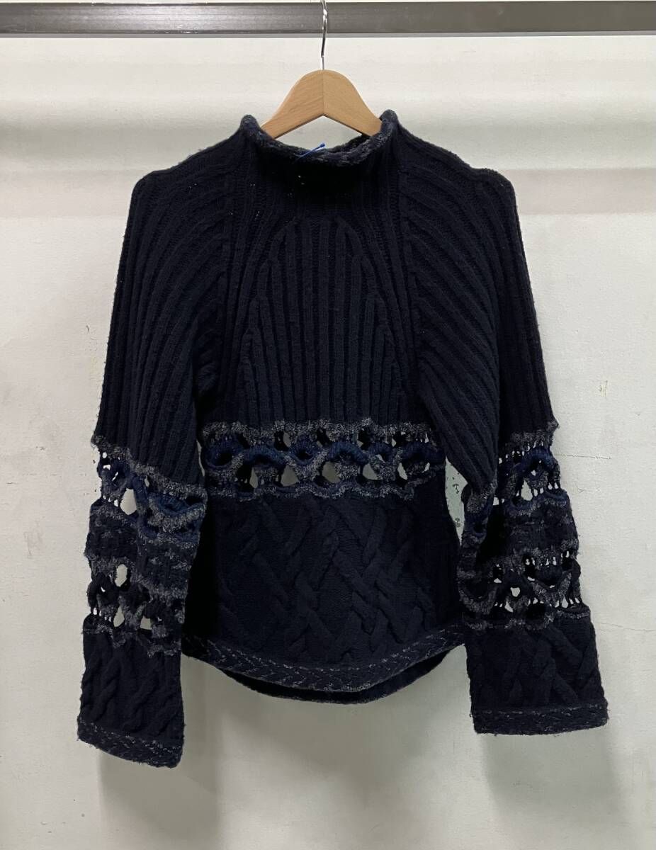 Mame Kurogouchi マメクロゴウチ MM 23 FW KN 054 長袖ニット Basket Pattern Combination Knitted プルオーバー サイズ2 ネイビー