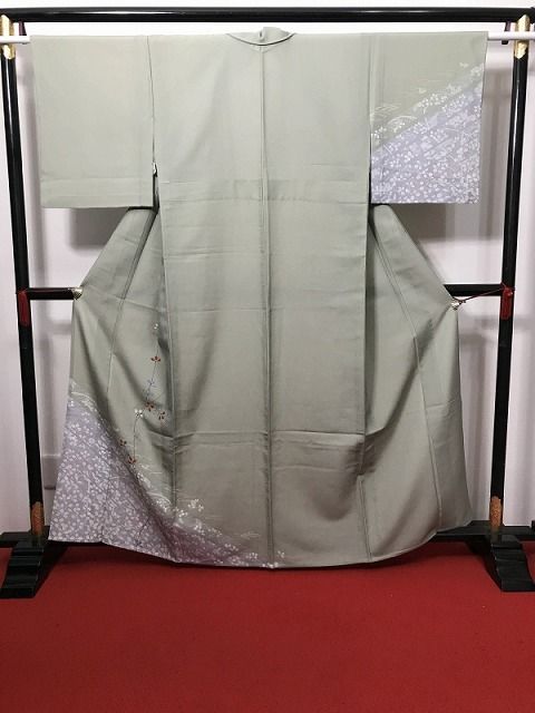 Sサイズ 付け下げ 化繊 青磁色地に枝花模様