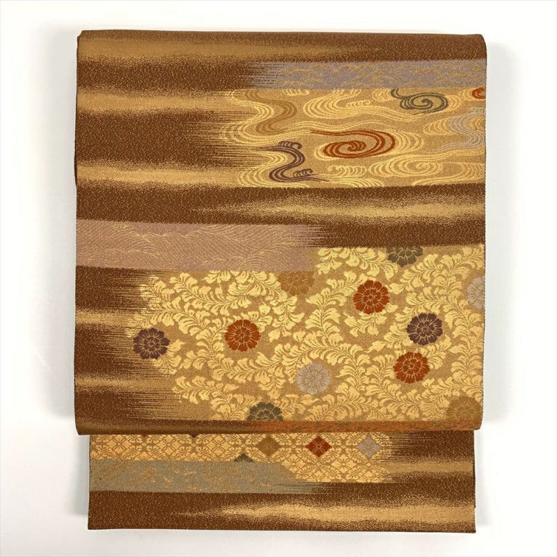 たんす屋 リユース帯 帯 袋帯 茶地 フォーマル 金糸 古代裂霞文