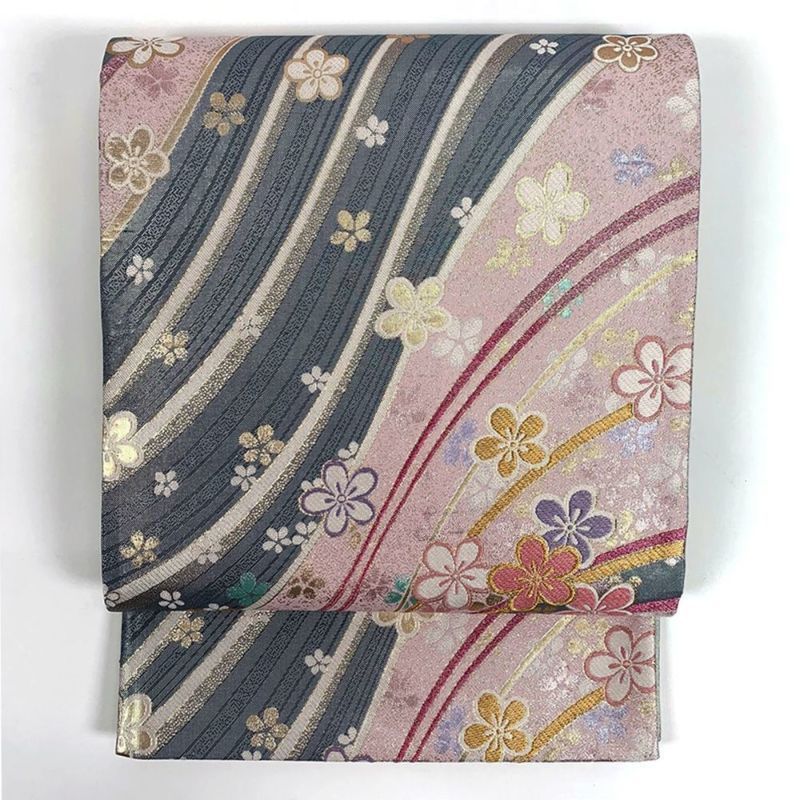 たんす屋 リユース帯 帯 振袖用袋帯 ピンク地 フォーマル 金糸 花柄 波 華やか