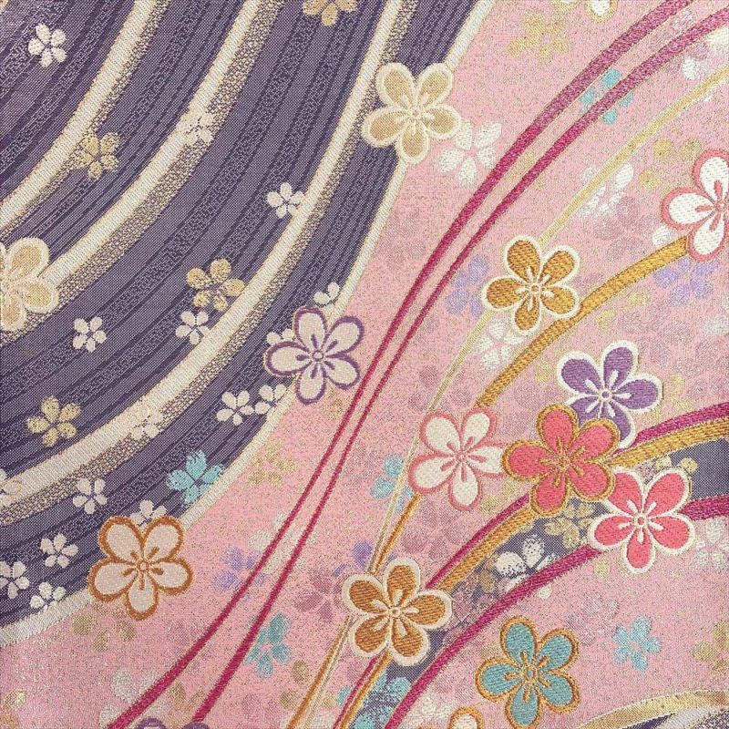 たんす屋 リユース帯 帯 振袖用袋帯 ピンク地 フォーマル 金糸 花柄 波 華やか