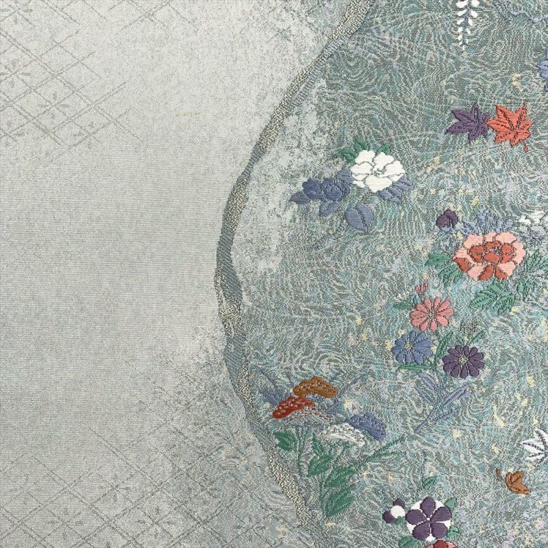 たんす屋 リユース帯 帯 袋帯 銀 グレー地 フォーマル 金銀糸 青銅箔 道長取り 四季花