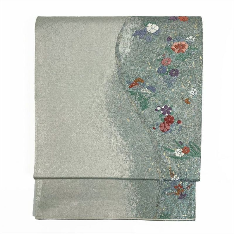 たんす屋 リユース帯 帯 袋帯 銀 グレー地 フォーマル 金銀糸 青銅箔 道長取り 四季花