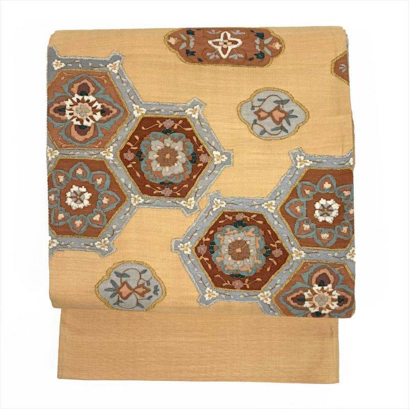 たんす屋 リユース帯 帯 袋帯 ベージュ地 フォーマル 金銀糸 毘沙門亀甲 未仕立て