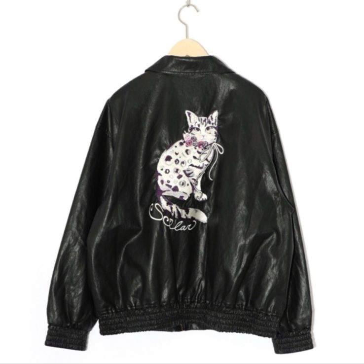 Scolar ネコ刺繍フェイクレザー×裏地ブルゾン アウトレット ScoLar