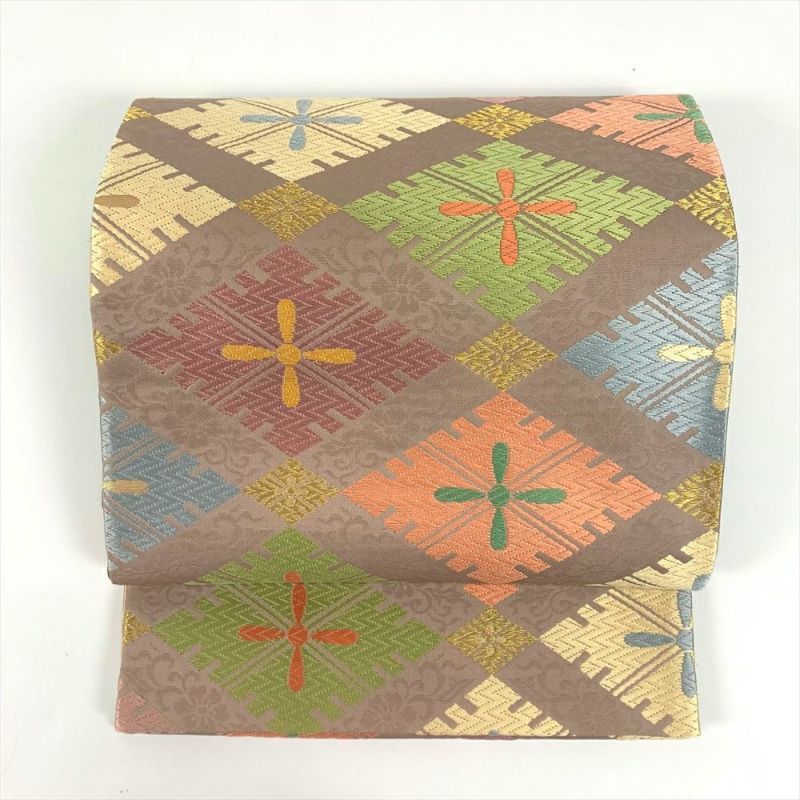 たんす屋 リユース帯 帯 袋帯 グレー フォーマル 金糸 唐織菱 唐花 パステル