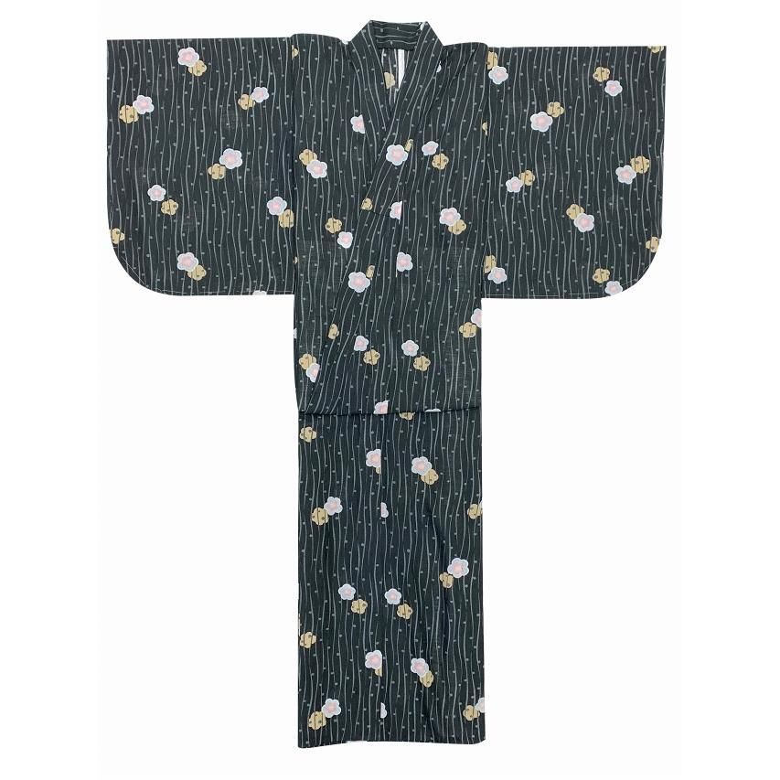 ジュニア 女の子用 夏着物 紗 洗える着物 小紋 子供着物 長襦袢付き 黒系 縦湧に梅