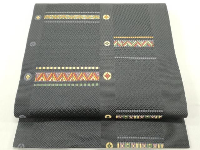 平和屋着物 本場筑前博多織 八寸名古屋帯 唐織 幾何学横段文 正絹 ob