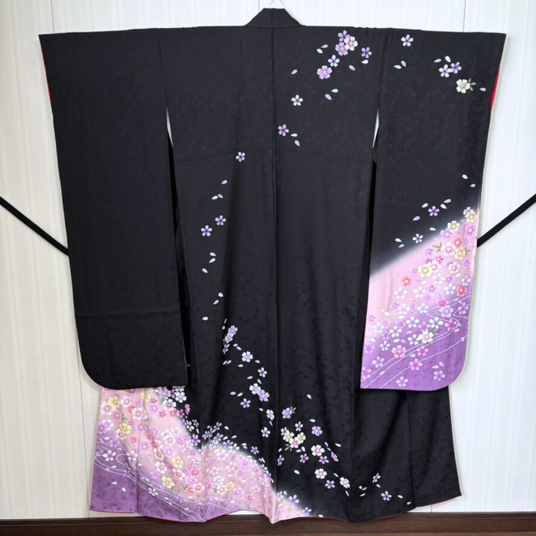 美品 トールサイズ 振袖＆袋帯セット 黒地 桜 紫グラデーション 身丈