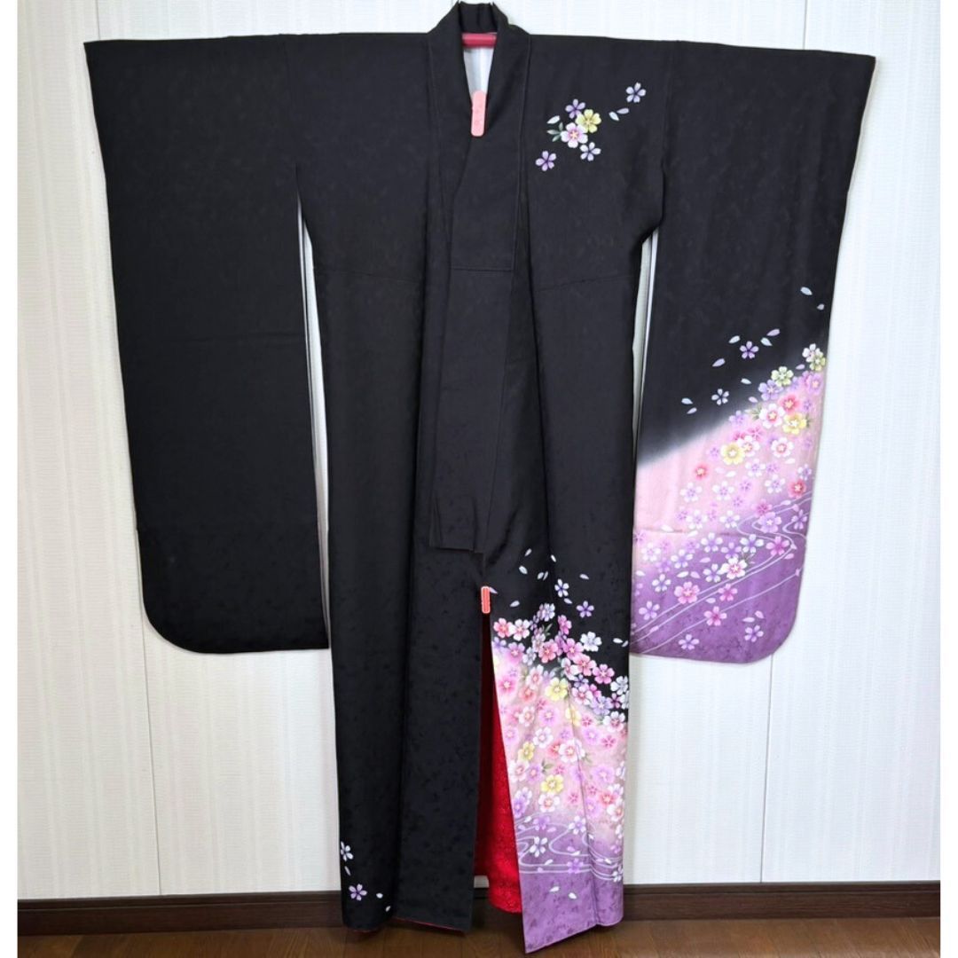 美品 トールサイズ 振袖＆袋帯セット 黒地 桜 紫グラデーション 身丈