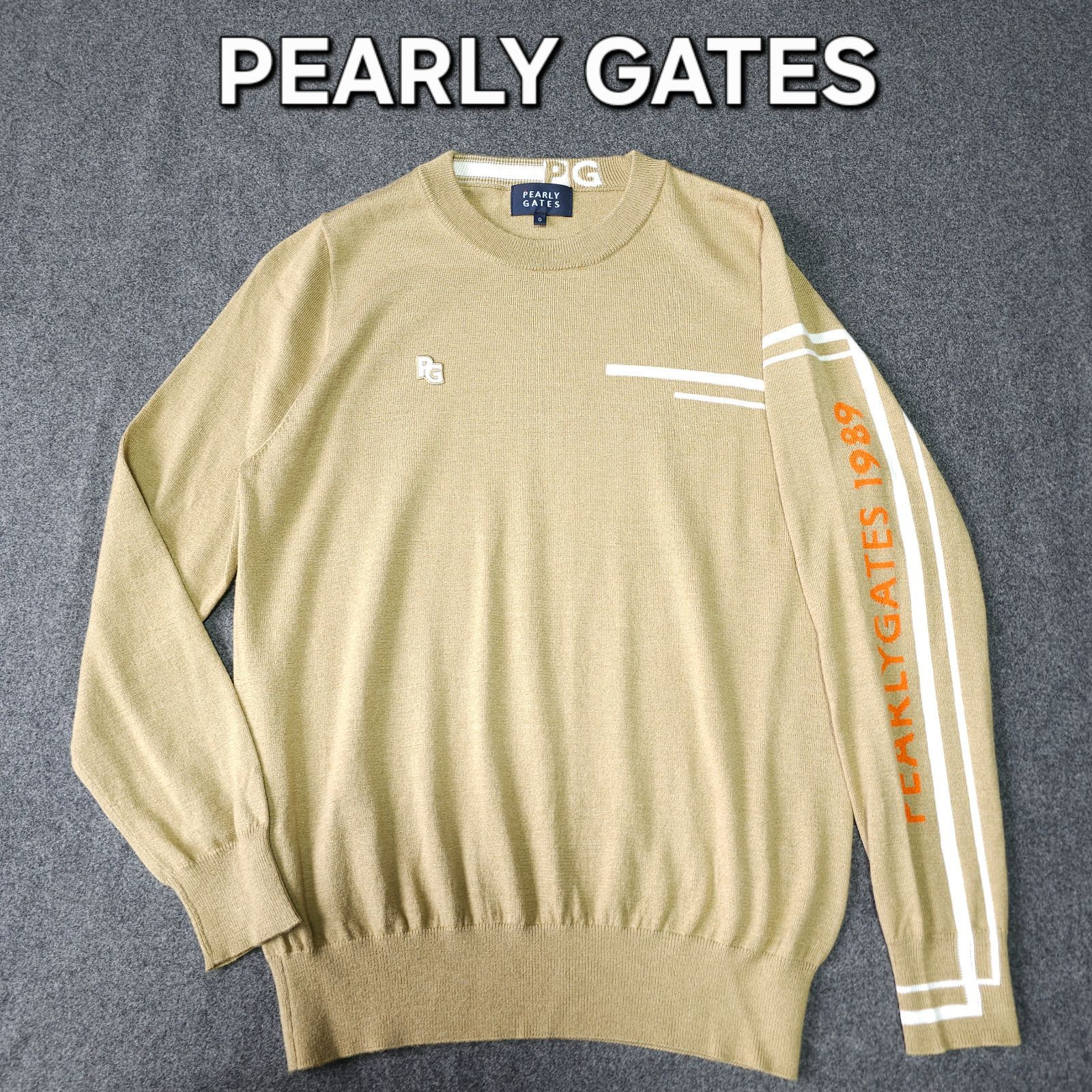 モデル PEARLY GATES 秋パーリーゲイツ 秋冬 長袖ゴルフニットセーター 0 S 袖ロゴ PG レディース ベージュ