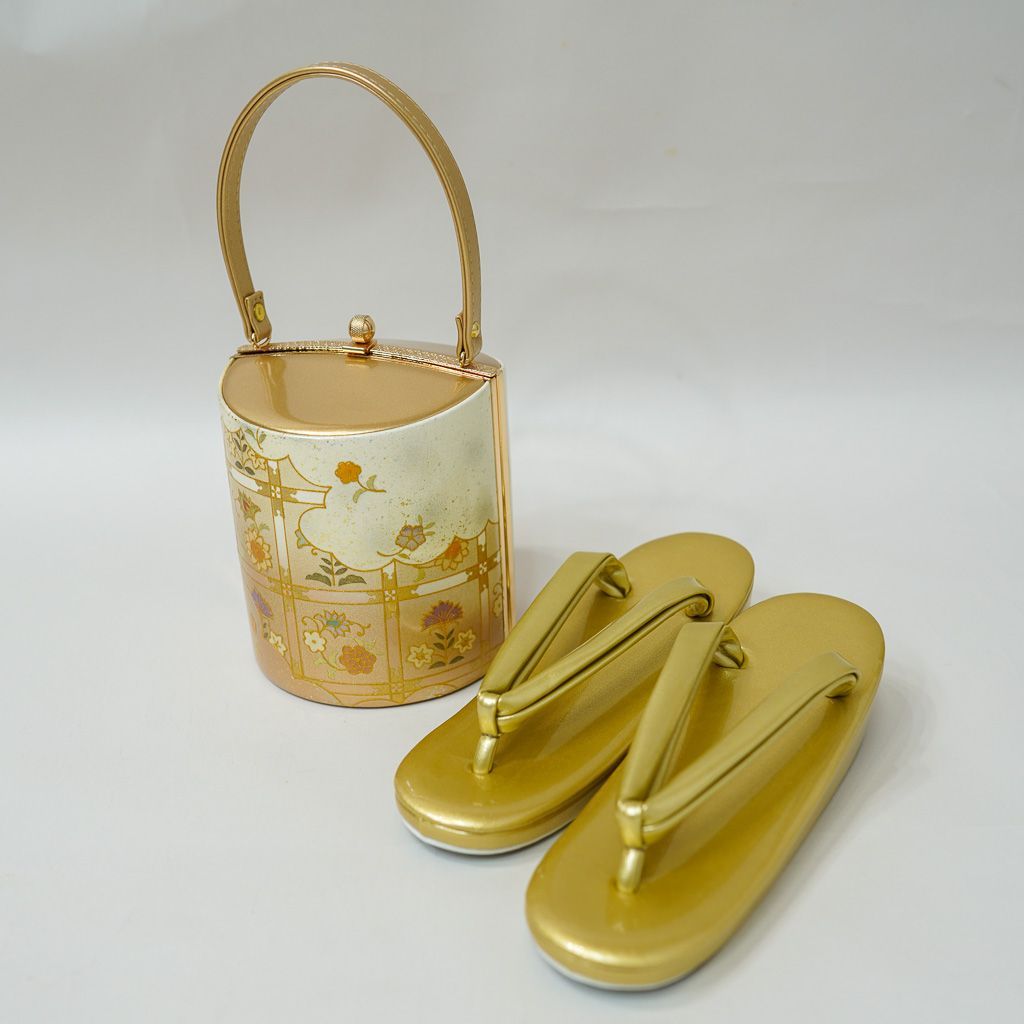 草履バッグセット 合皮 螺鈿調 ゴールド 24cm フリーサイズ 適合足