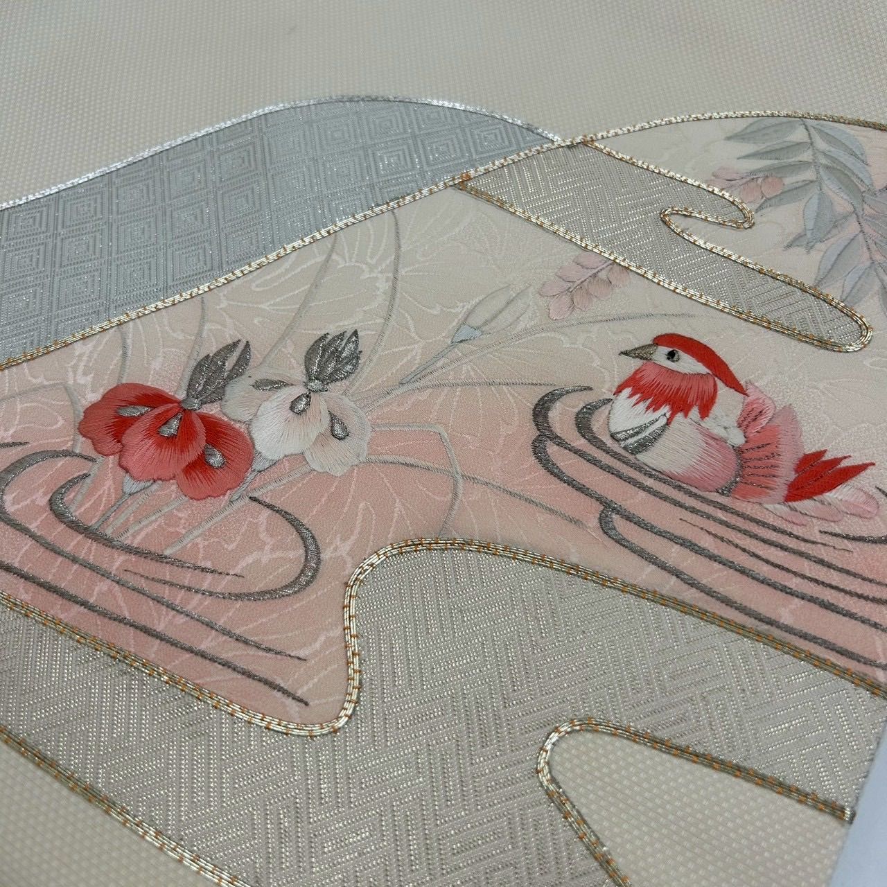 名古屋帯 刺繍 流水に鳥 金駒刺繍 九寸 正絹 着物 MA-1793 - メルカリ