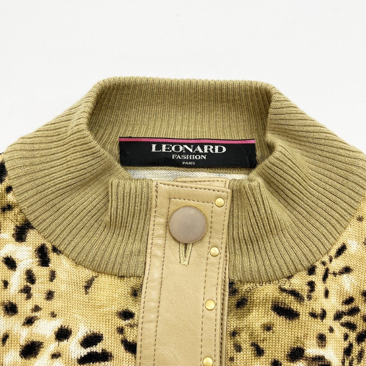 美品 LEONARD レオナール レザー ニット ノーカラー ジャケット ◇◇LEONARD レオナール ニットジャケット Mサイズ カシミヤ 羊革