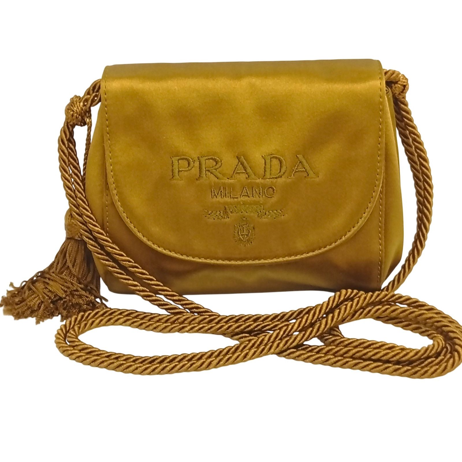 アラン　ショルダーゴールドグリッター　中古 PRADA プラダ サテン タッセル ロゴ 刺繍 ヴィンテージ オールド