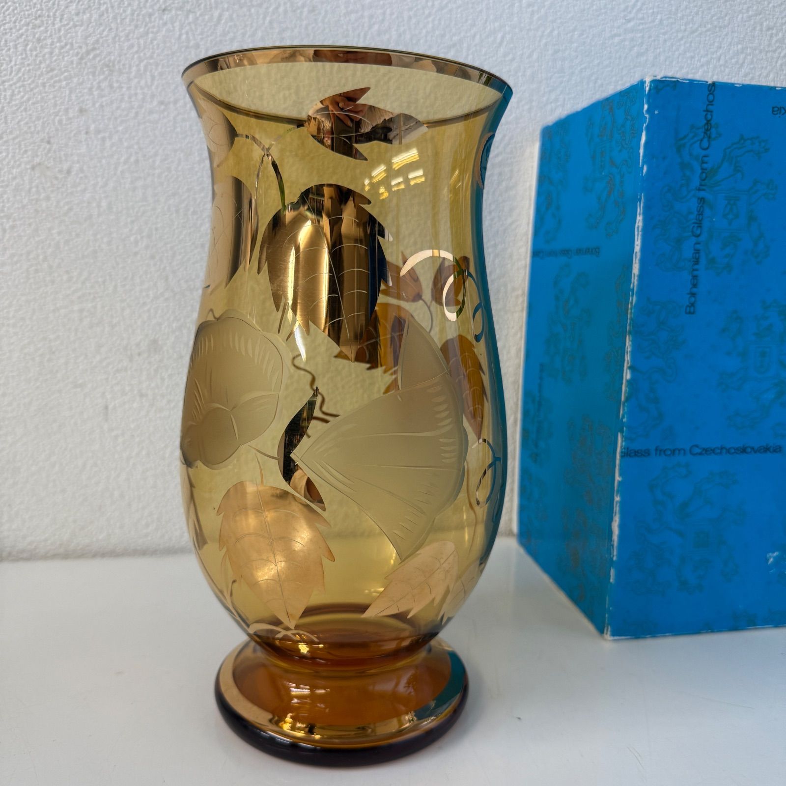 希少・美品】ボヘミアクリスタル 花瓶 朝顔模様 チェコスロバキア製