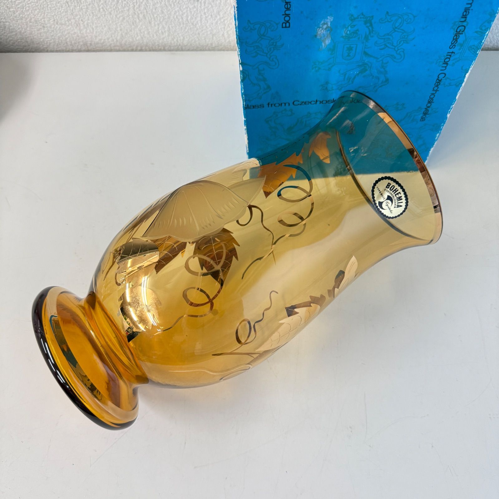 希少・美品】ボヘミアクリスタル 花瓶 朝顔模様 チェコスロバキア製